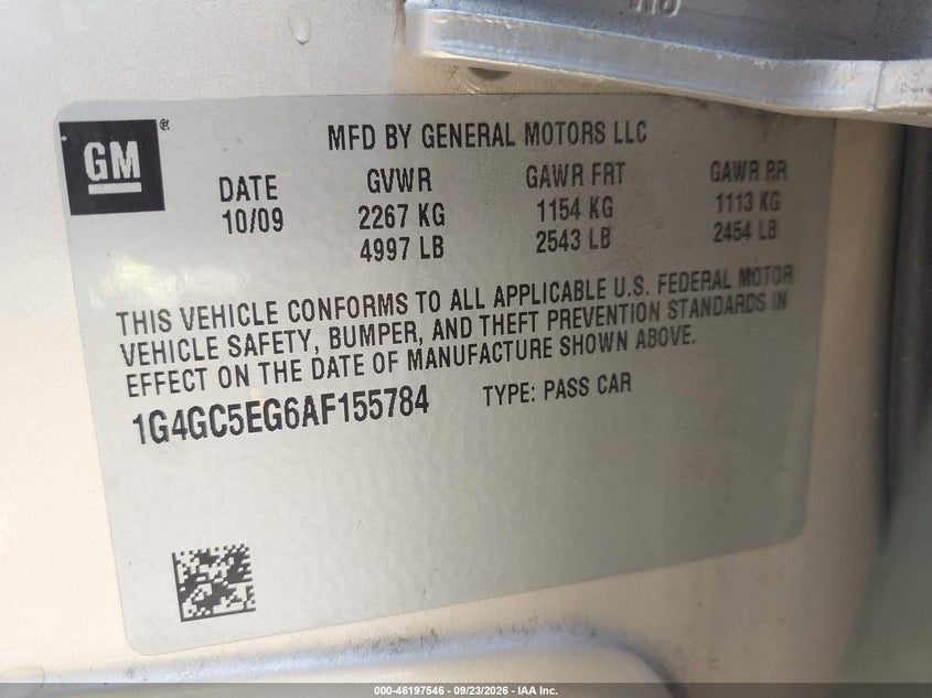 BUICK LACROSSE 2010 VIN 1G4GC5EG6AF155784