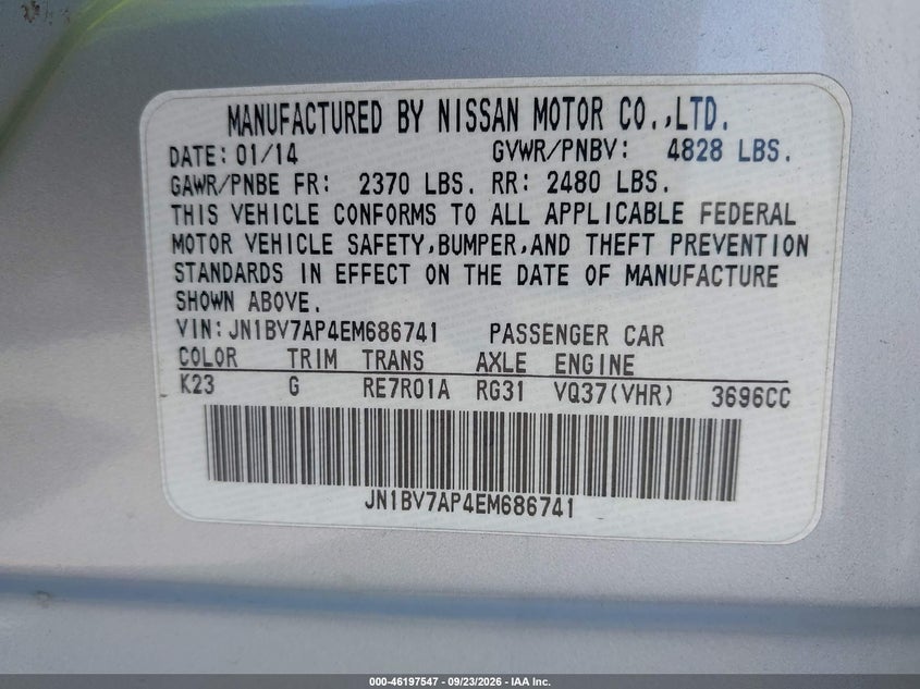 INFINITI Q50 2014 VIN JN1BV7AP4EM686741