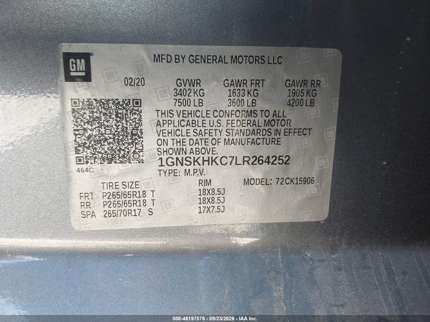 CHEVROLET SUBURBAN 2020 VIN 1GNSKHKC7LR264252