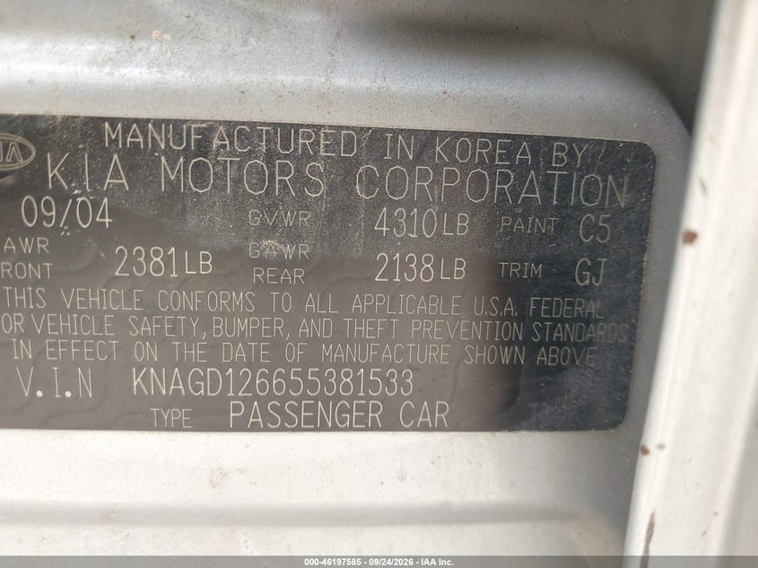 KIA OPTIMA 2005 VIN KNAGD126655381533