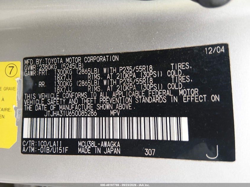LEXUS RX 330 2005 VIN JTJHA31U650085286