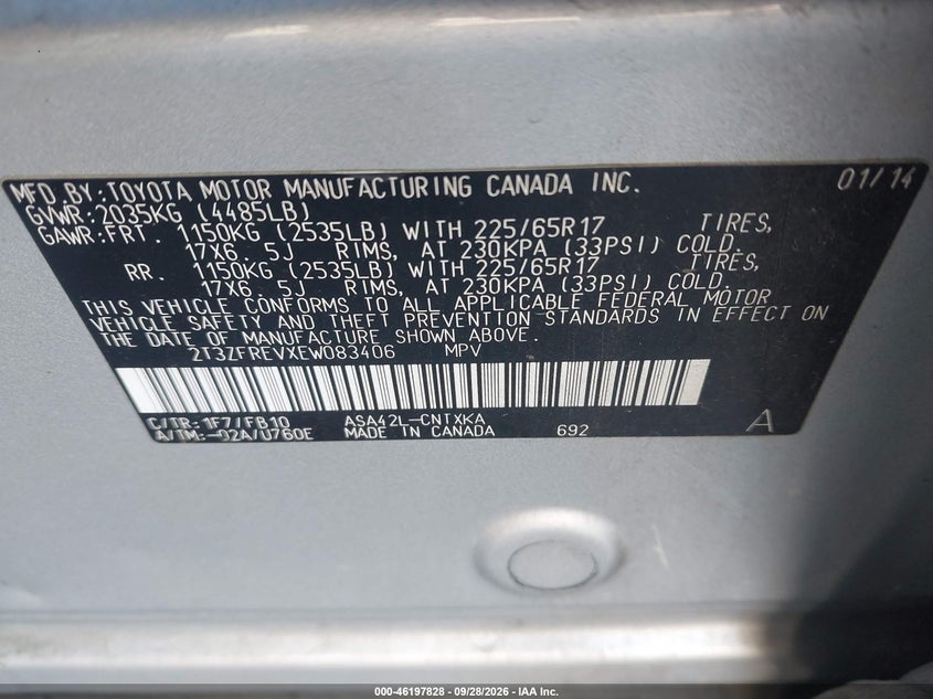 TOYOTA RAV4 2014 VIN 2T3ZFREVXEW083406