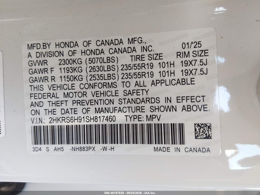 HONDA CR-V HYBRID 2025 VIN 2HKRS6H91SH817460