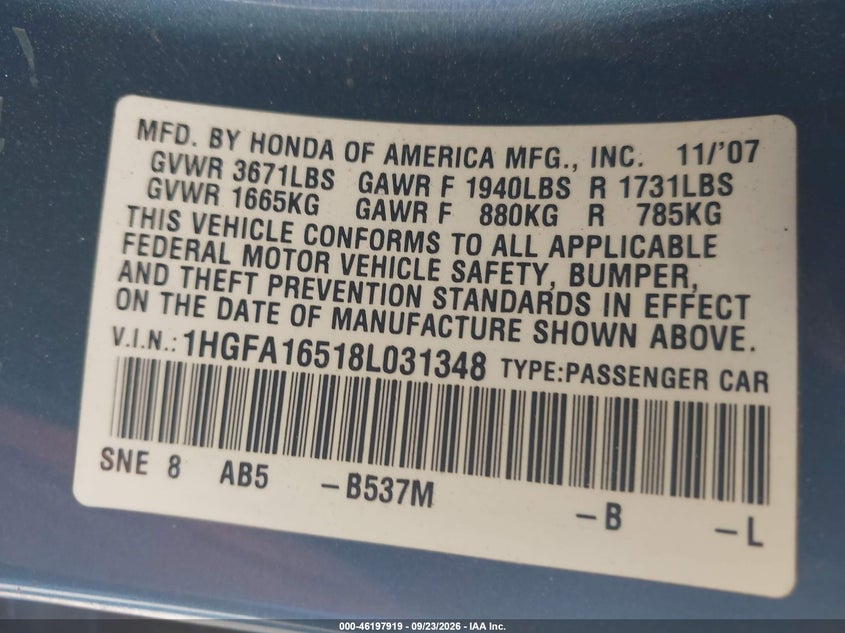 HONDA CIVIC SDN 2008 VIN 1HGFA16518L031348