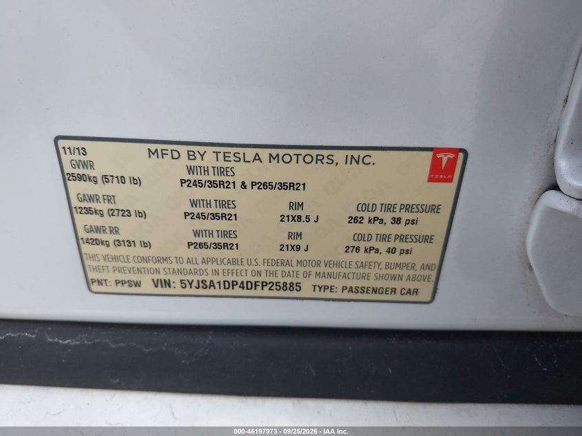 TESLA MODEL S 2013 VIN 5YJSA1DP4DFP25885