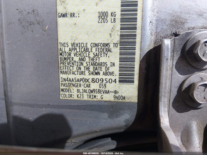 NISSAN MAXIMA 2013 VIN 1N4AA5AP0DC809504
