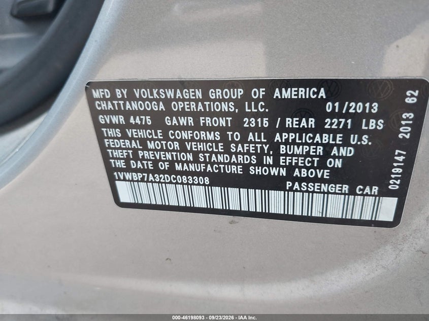 VOLKSWAGEN PASSAT 2013 VIN 1VWBP7A32DC083308