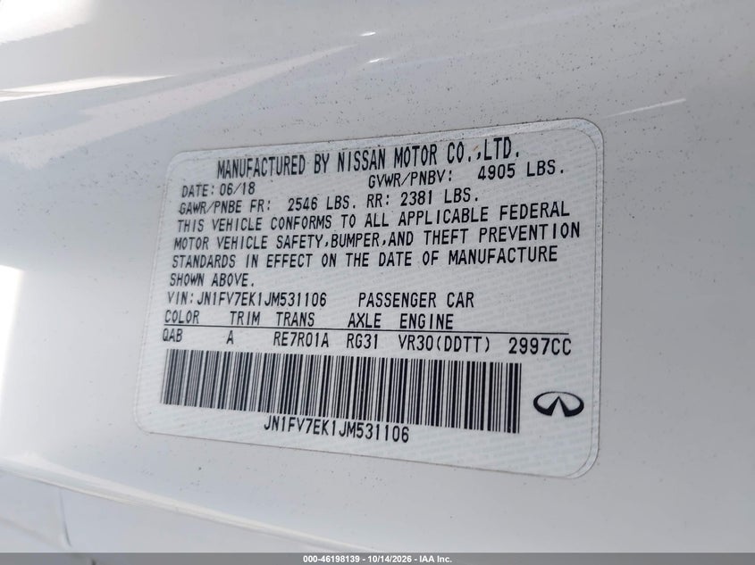 INFINITI Q60 2018 VIN JN1FV7EK1JM531106