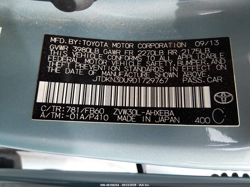 TOYOTA PRIUS 2013 VIN JTDKN3DU9D1729767