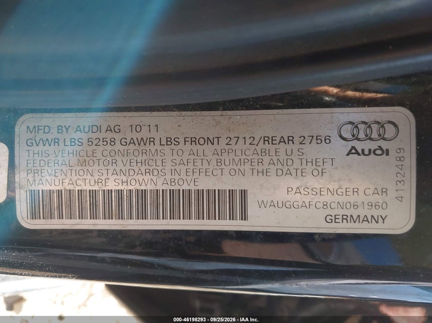 AUDI A6 2012 VIN WAUGGAFC8CN061960