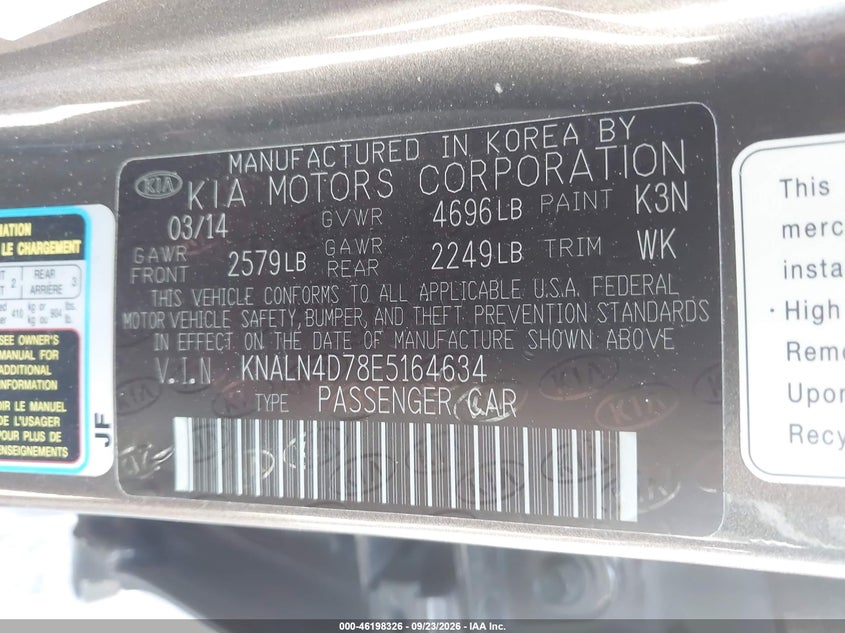 KIA CADENZA 2014 VIN KNALN4D78E5164634