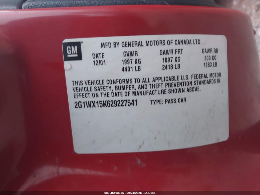 CHEVROLET MONTE CARLO 2002 VIN 2G1WX15K629227541