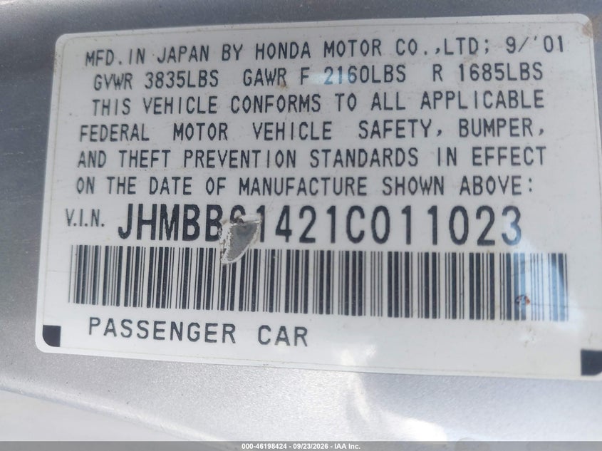 HONDA PRELUDE 2001 VIN JHMBB61421C011023