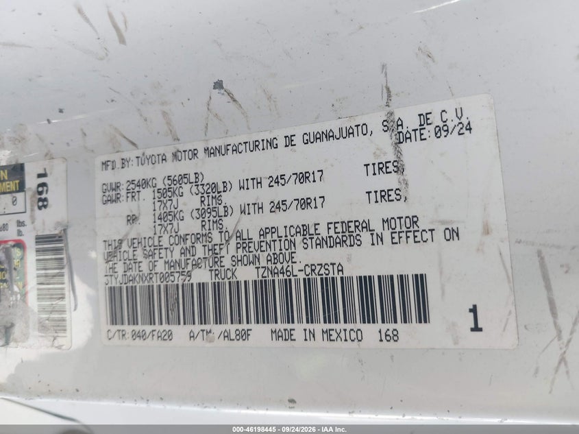Vin: 3tyjdaknxrt005759, lot: 46698329, toyota tacoma sr 20244