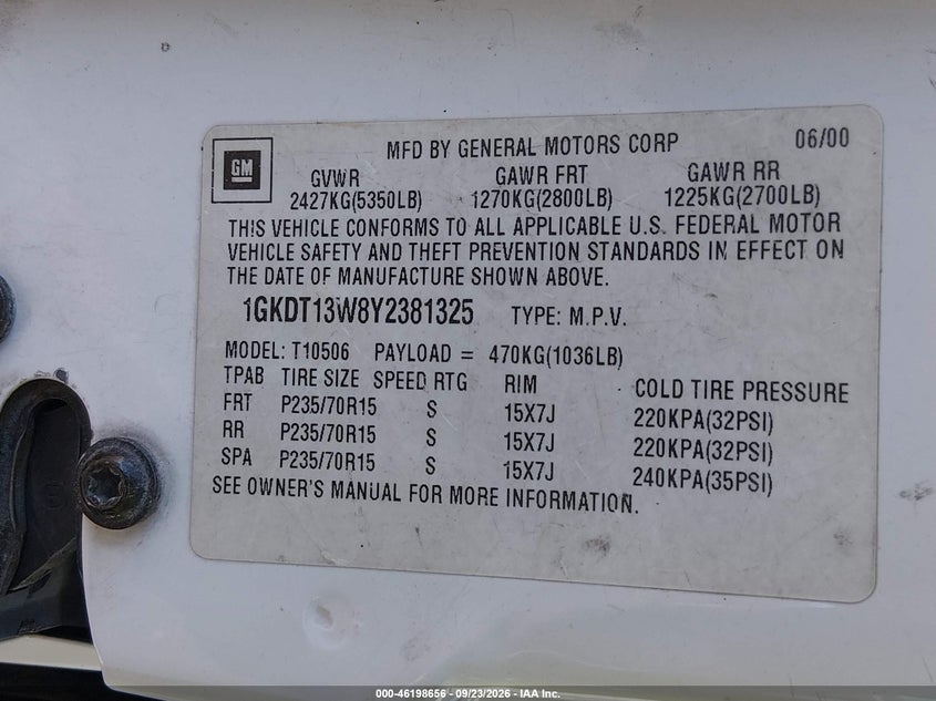 GMC JIMMY 2000 VIN 1GKDT13W8Y2381325