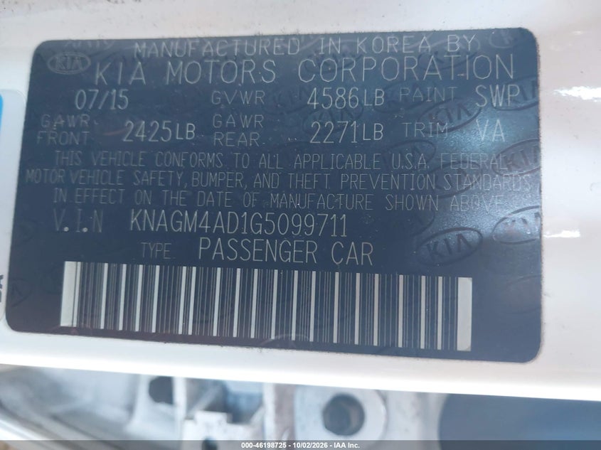 KIA OPTIMA HYBRID 2016 VIN KNAGM4AD1G5099711