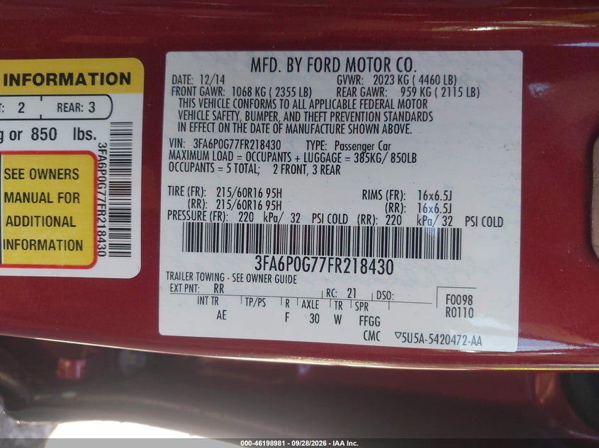 FORD FUSION 2015 VIN 3FA6P0G77FR218430