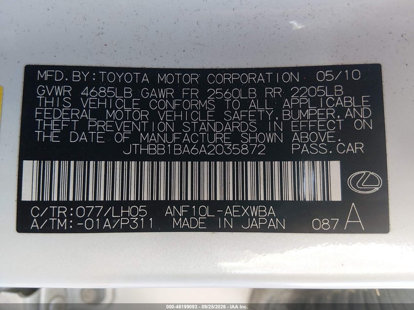 LEXUS HS 250H 2010 VIN JTHBB1BA6A2035872