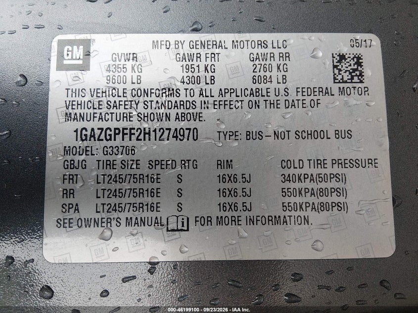 CHEVROLET EXPRESS 3500 2017 VIN 1GAZGPFF2H1274970
