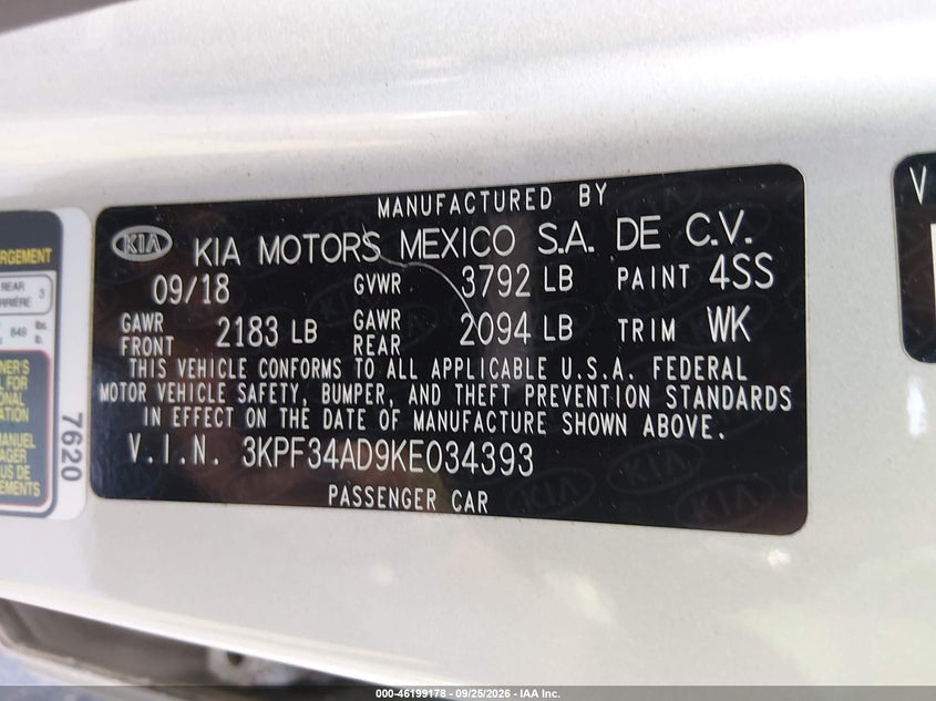 KIA FORTE 2019 VIN 3KPF34AD9KE034393