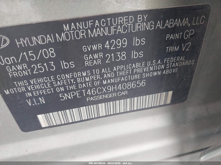 HYUNDAI SONATA 2009 VIN 5NPET46CX9H408656