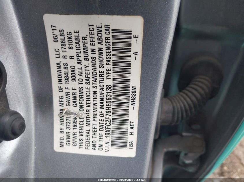 HONDA CIVIC 2017 VIN 19XFC2F76HE063138