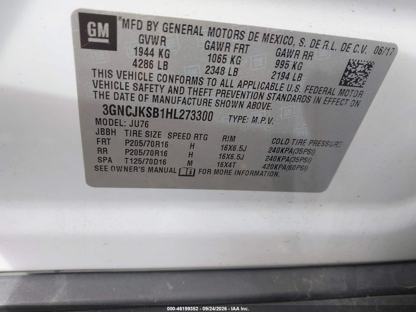 CHEVROLET TRAX 2017 VIN 3GNCJKSB1HL273300