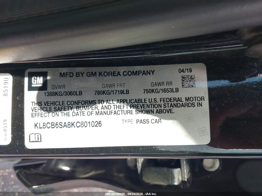 CHEVROLET SPARK 2019 VIN KL8CB6SA8KC801026