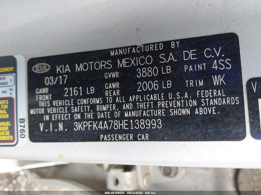 KIA FORTE 2017 VIN 3KPFK4A78HE138993