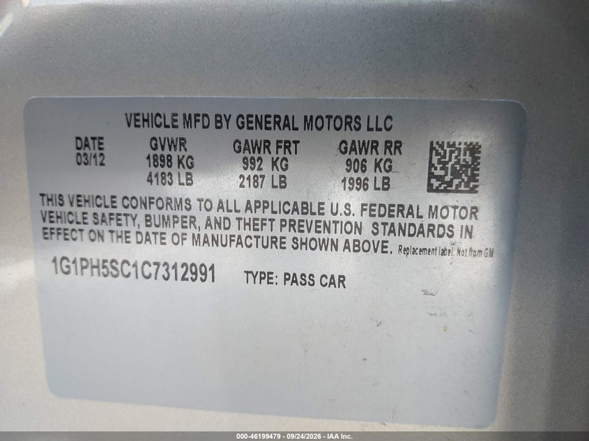 CHEVROLET CRUZE 2012 VIN 1G1PH5SC1C7312991