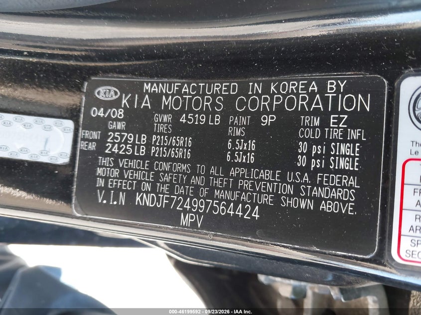 KIA SPORTAGE 2009 VIN KNDJF724997564424