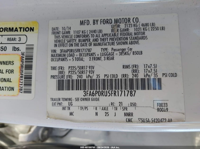 FORD FUSION HYBRID 2015 VIN 3FA6P0RU5FR171787