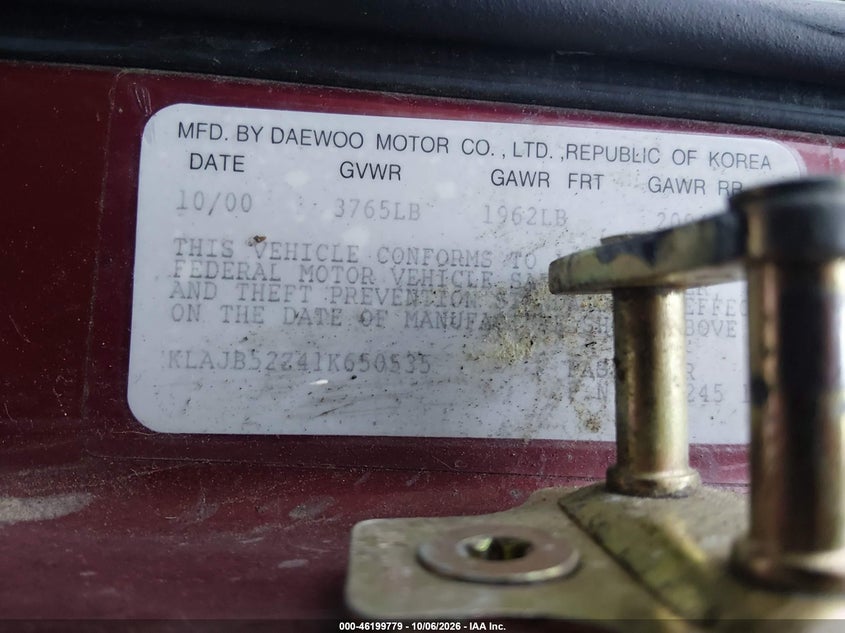 DAEWOO NUBIRA 2001 VIN KLAJB52Z41K650535