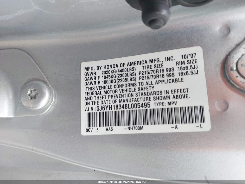 HONDA ELEMENT 2008 VIN 5J6YH18348L005495