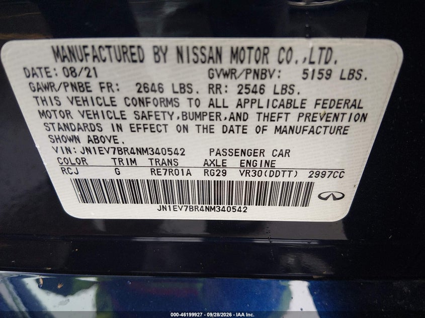 INFINITI Q50 2022 VIN JN1EV7BR4NM340542