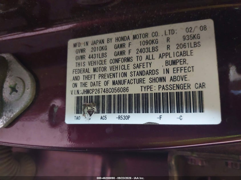 HONDA ACCORD SDN 2008 VIN JHMCP26748C056086