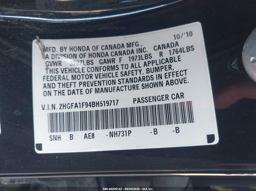 HONDA CIVIC SDN 2011 VIN 2HGFA1F94BH519717