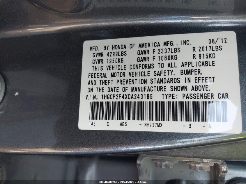 HONDA ACCORD SDN 2012 VIN 1HGCP2F4XCA240185