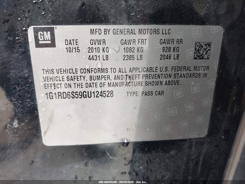 CHEVROLET VOLT 2016 VIN 1G1RD6S59GU124528