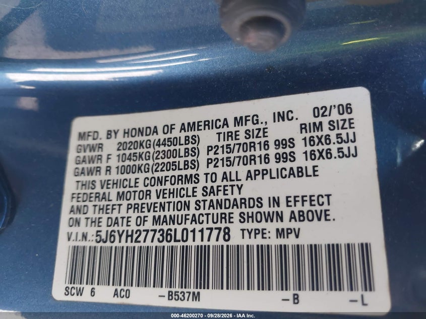 HONDA ELEMENT 2006 VIN 5J6YH27736L011778
