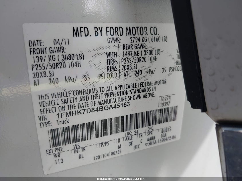 FORD EXPLORER 2011 VIN 1FMHK7D84BGA45163