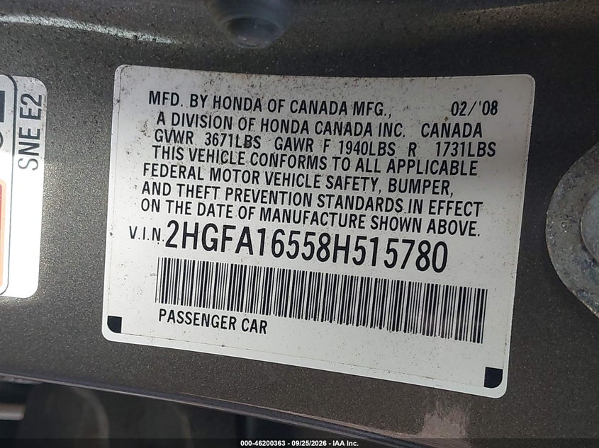 2008 HONDA CIVIC SDN LX · Фото 9