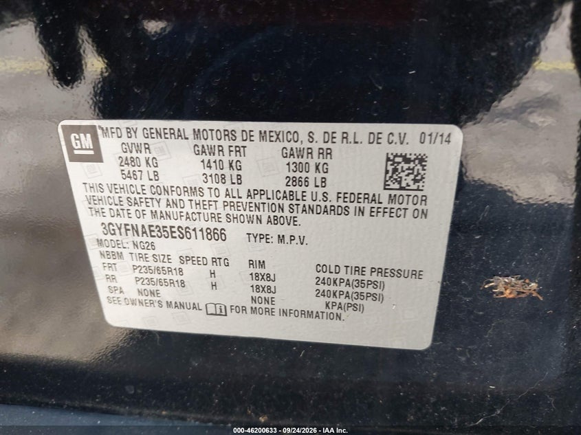CADILLAC SRX 2014 VIN 3GYFNAE35ES611866
