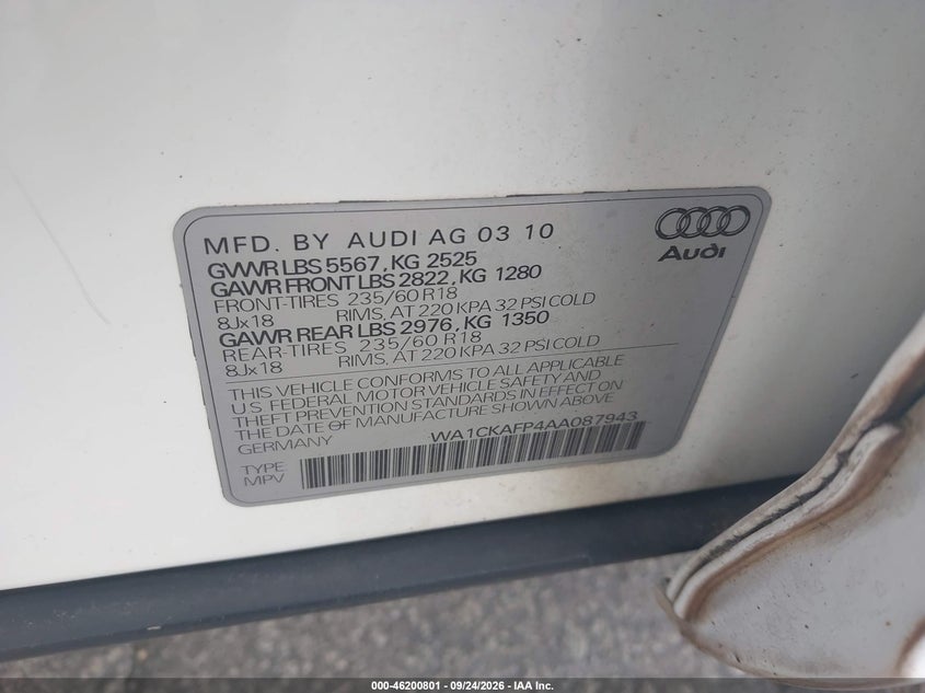 AUDI Q5 2010 VIN WA1CKAFP4AA087943