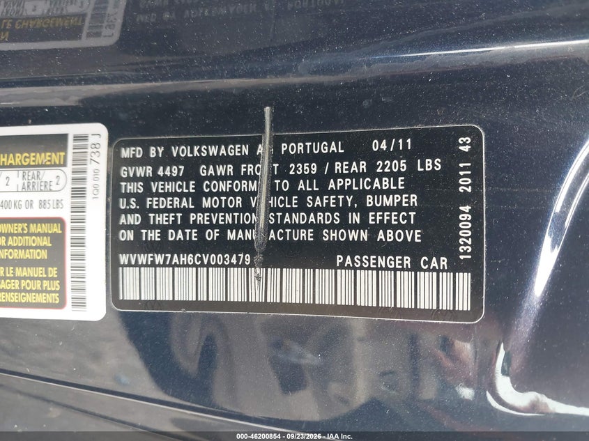 VOLKSWAGEN EOS 2012 VIN WVWFW7AH6CV003479