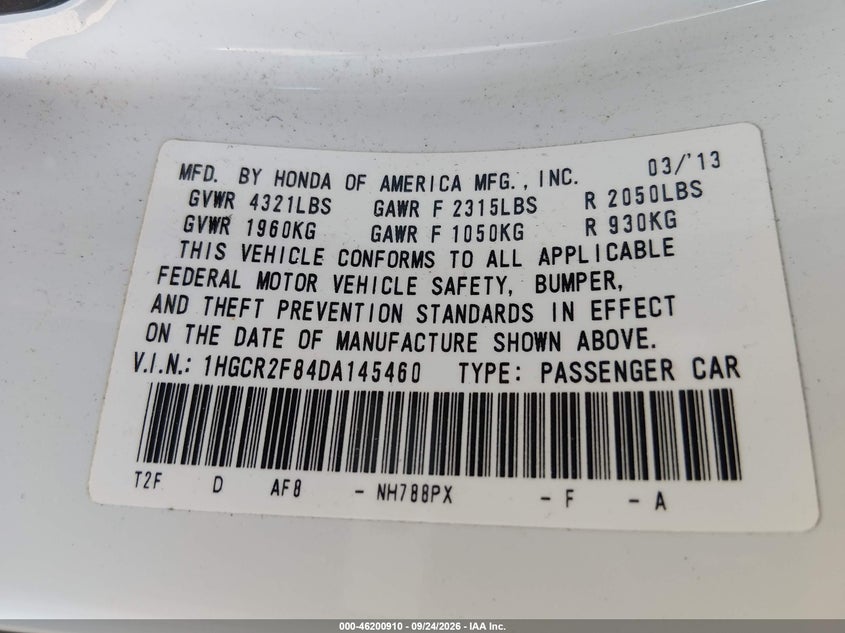 HONDA ACCORD SDN 2013 VIN 1HGCR2F84DA145460