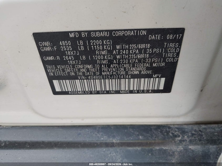 SUBARU OUTBACK 2018 VIN 4S4BSETC5J3214144