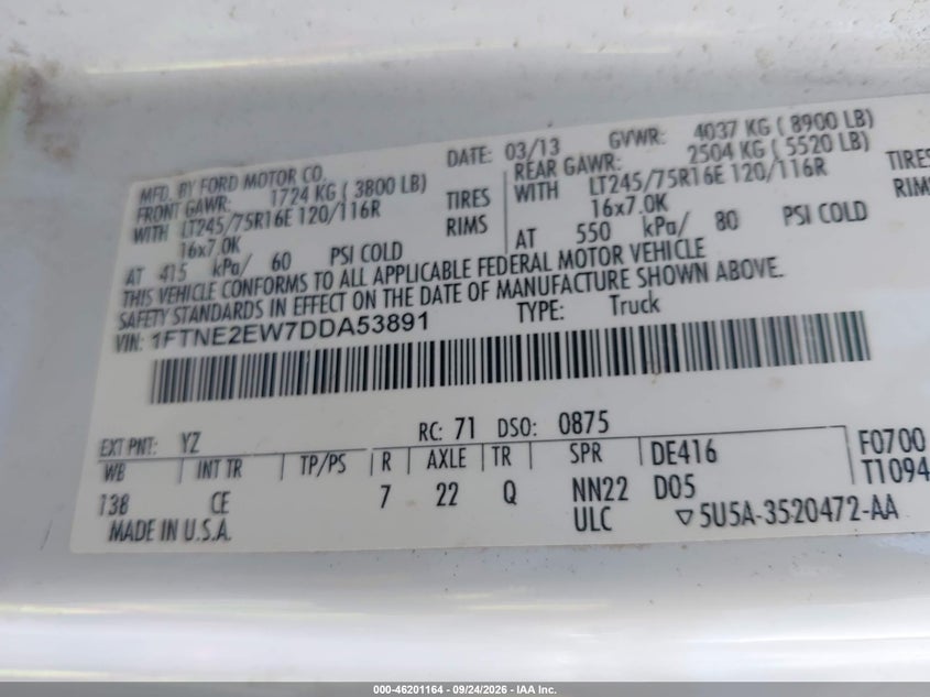 FORD E-250 2013 VIN 1FTNE2EW7DDA53891