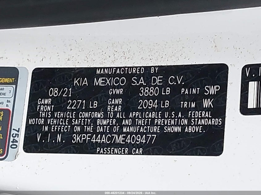 KIA FORTE 2021 VIN 3KPF44AC7ME409477