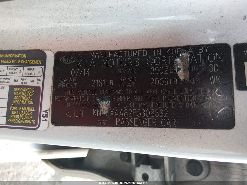 KIA FORTE 2015 VIN KNAFX4A82F5308362
